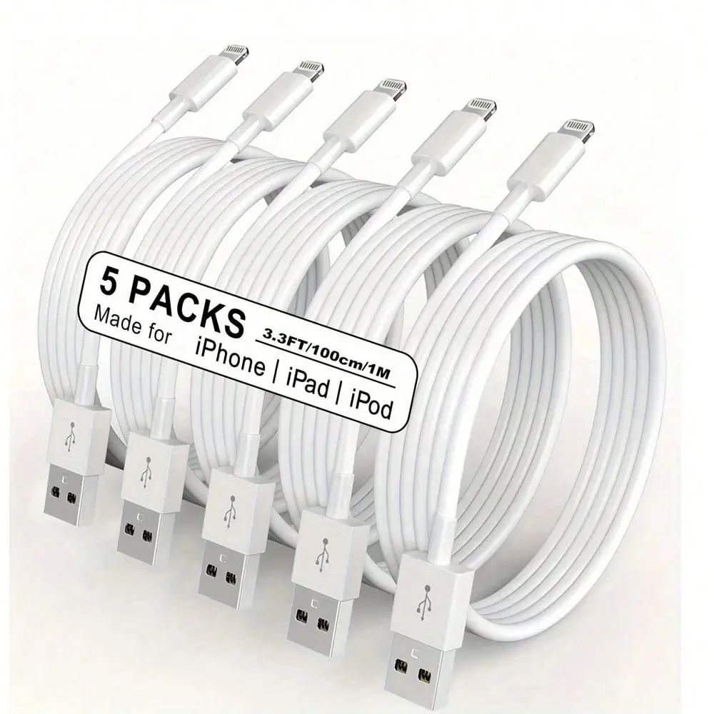 5pcs/Set 1m/3.3ft Extra Long Fast Charging & Data Sync Cellphone USB Charger Cable Compatible With IPhone 14 Plus/13/12/11 Pro Max/Mini/XS MAX/XR/XS/X/8/7/6 Plus IPad