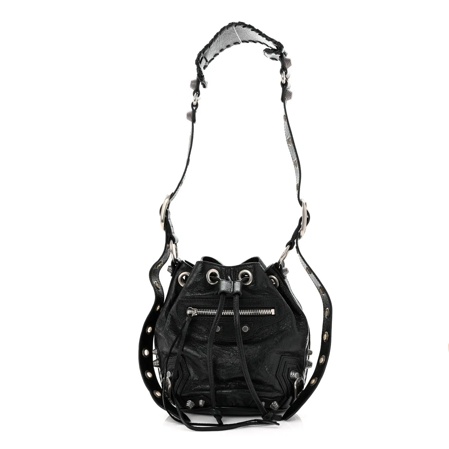 Pre-owned Balenciaga Arena Lambskin (Agneau) Shoulder Bags Agneau Arena Le Cagole Bucket Bag XS Black