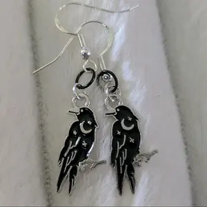 Raven earrings S925 hook Moon and stars enamel