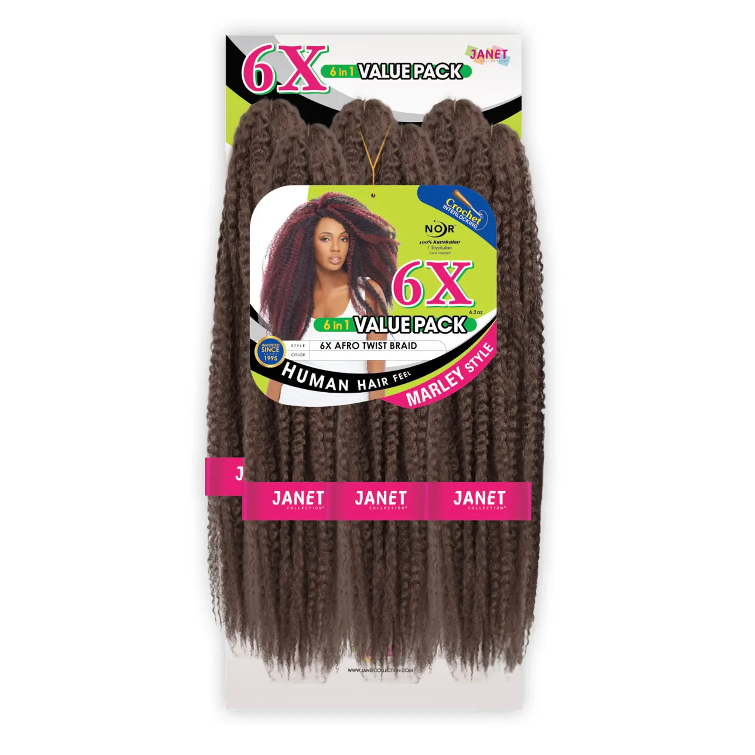 Janet Collection Noir 6X Afro Twist Braids, Marley Style Kanekalon Synthetic Hair with a Premium Texture, 36" Unfolded for Latch Hook Crochet & Knots Braids, Unisex, Interlocked Ends, 6X Full Volume, 18 Inches Folded, 1B, Adults