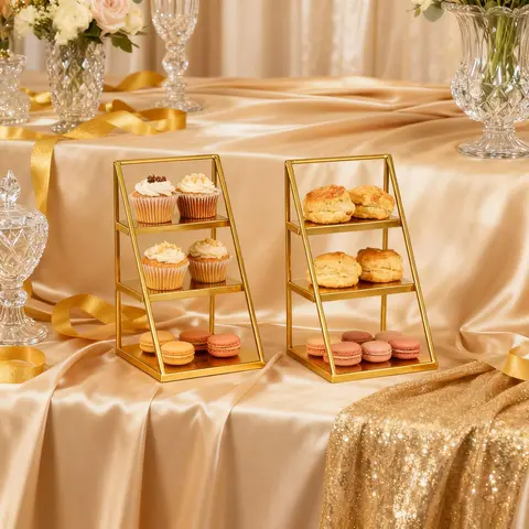 3-Tier Sturdy Metal Trapezoid Cake Stand - Elegant Dessert Display Rack, Easy to Install, for Weddings, Baby Shower - Holds Baked Goods, Sandwiches, Fruit, Cupcakes, Snacks, Cheese
