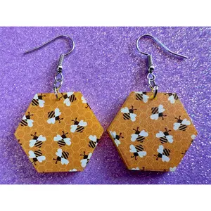 Bee Earrings: Laser Cut Acrylic Honey Bees, Bumblebees, Bumble Bees, Honeybees, Insects, Honey, Yellow, Best Gifts for Her/Him/Them