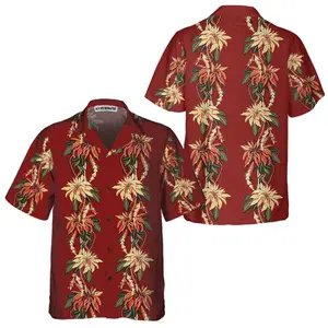 Poinsettia Christmas Hawaiian Shirt, Vintage Christmas Shirt, Best Christmas Gift Ideas, Short Sleeve Casual Button Down Shirts Summer Beach Shirt, Tropical Floral Shirt