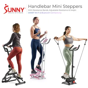 Sunny Health & Fitness Mini Stepper with Handlebars Home Gym Workout Fitness Compact Cardio Stair Stepper Leg Glute Toner Portable Quiet Design Smart Extended High Knee Pink Heavy Duty Power Step Options