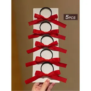 5-Pack Women's Fashion Cute Red Bow Hair Ties Textured Polyester Bowknot for Daily Ponytail Use Decorative Hairbands Autumn Gift