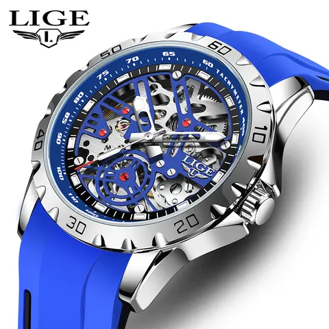 LIGE Men's Stainless Steel Casual Trendy Wristwatch - 43mm Round Skeleton Analog Dial, Luminous Hands, Silicone Strap with Buckle, 30m Water Resistant, Fashion Men's Watch for Males