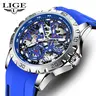 LIGE Men's Stainless Steel Casual Trendy Wristwatch - 43mm Round Skeleton Analog Dial, Luminous Hands, Silicone Strap with Buckle, 30m Water Resistant, Fashion Men's Watch for Males