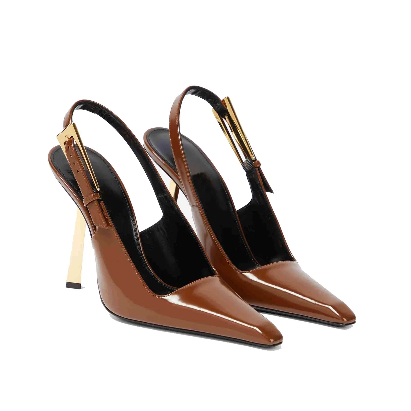 Women's Formal Stiletto High Heels - Patent Leather Slingback Pumps, Square Toe, Handmade Metal Buckle, Backless, Slip-Resistant Rubber Sole, Party Wear, Standard Sizes, Fashion Dress Occasion Footwear