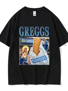 Greggs Homage Bakery Chain Funny Meme T-Shirt for Men & Women - Oversized Vintage British Iconic Logo & Sausage Roll Design, 100% Cotton Casual Streetwear Tee, Greggs Fan Gift, Loose Fit Short Sleeve Shirt