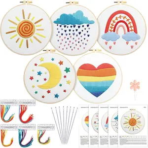 SQ-HDJ031 5 Set Embroidery Kit for Beginners Boho Rainbow Cross Stitch with Patterns Embroidery Hoops Instructions Embroidery Floss Needlepoint Kits DIY Adult Beginner Cross Stitch Crafts