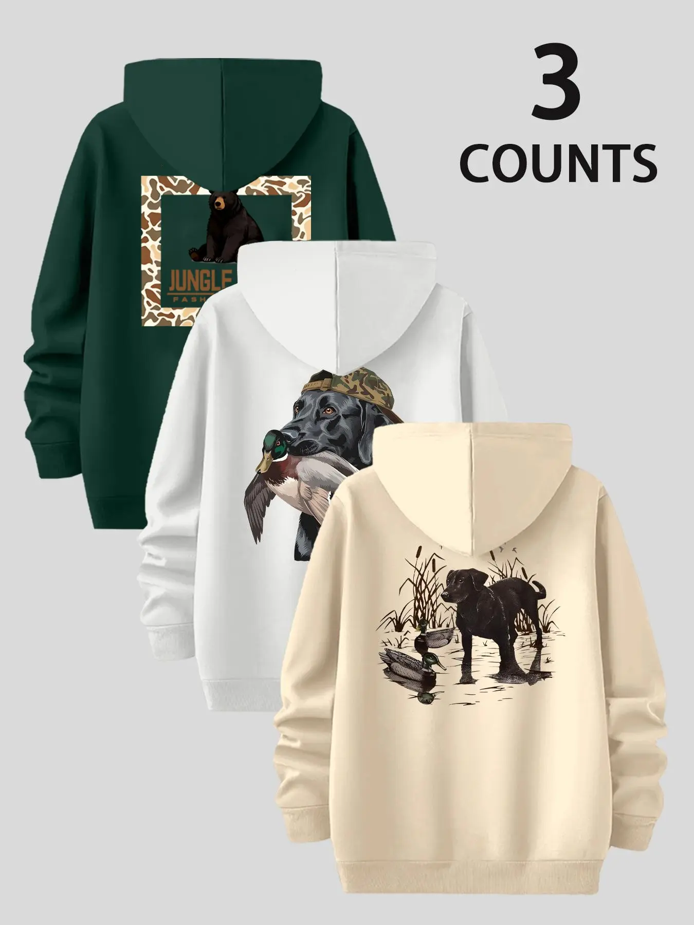 Men's Fall Winter Fitted Hoodies 3-Pack, Fashion Dog Duck Animal Print, Unique Style Casual Graphic Tees, Perfect Gift for All Seasons, Graphic Hooded Sweatshirt