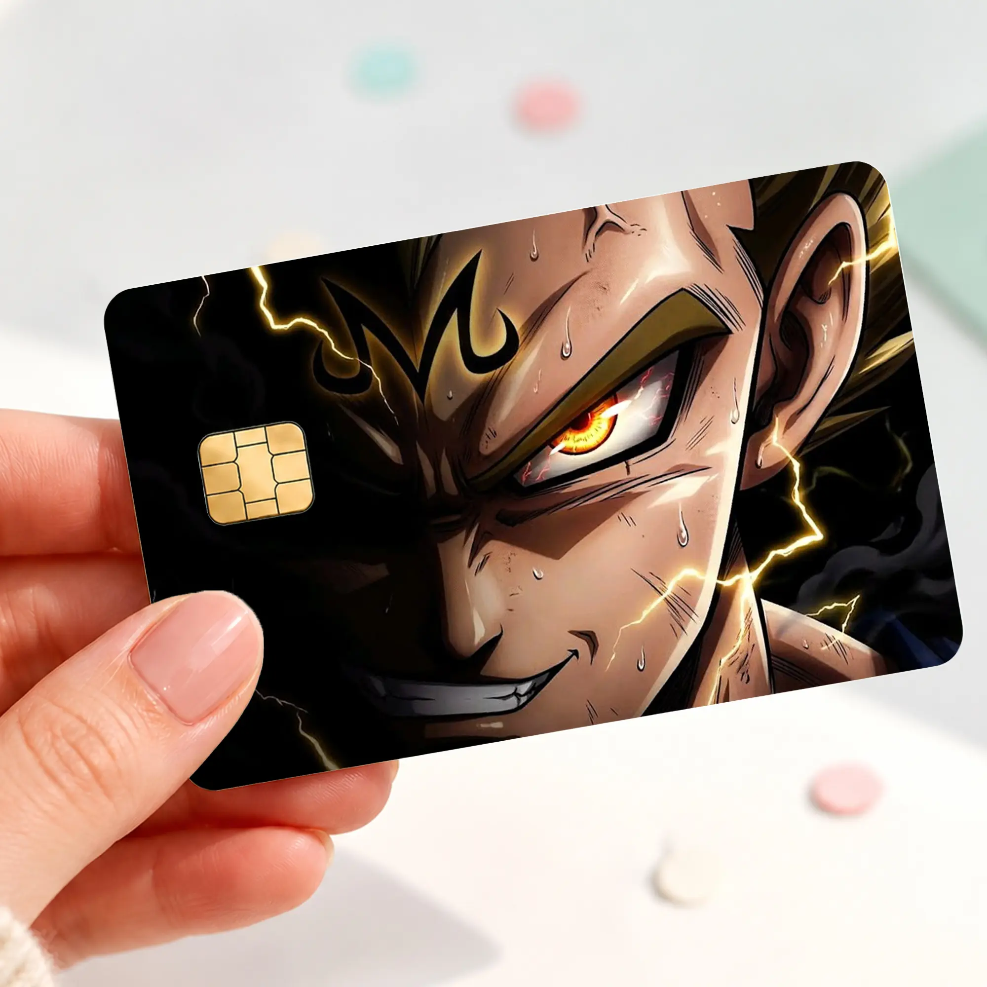 Dark Anime Warrior Credit Card Skin, Glowing Eyes Lightning Aura Debit Card Sticker, Evil Manga Fighter Bank Card Cover, Anime Aesthetic Card Skin