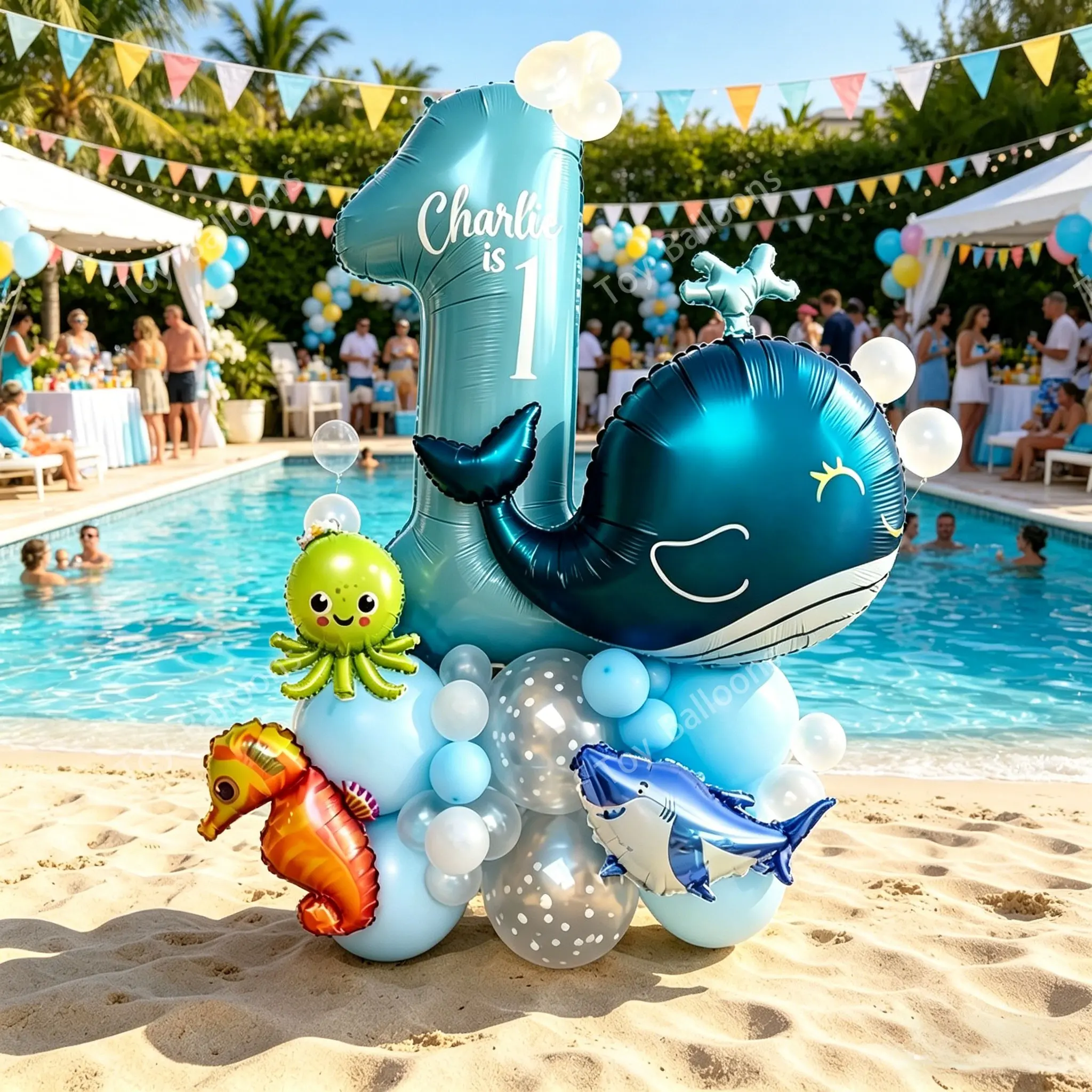 40pcs Blue Ocean Theme Birthday Party Decor Set, Includes 32in Blue Number, Whale, Octopus, Seahorse, Shark Balloons, Beach Pool Party Decoration, Birthday Decorations