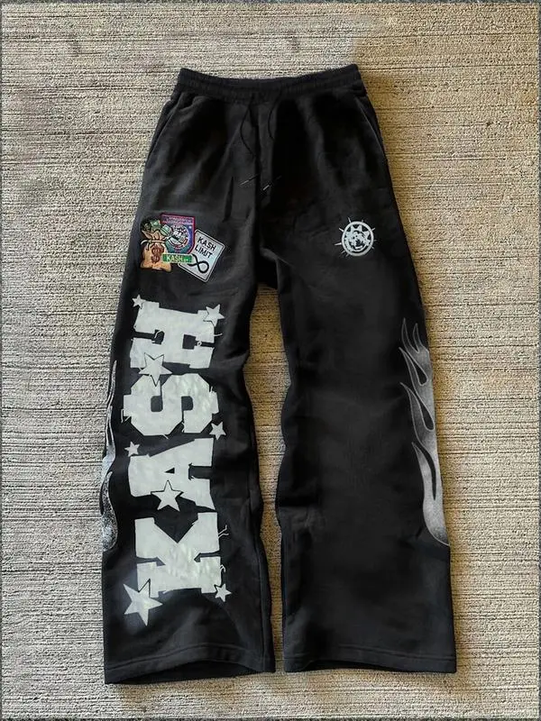Trendy Black Fleece - lined Sweatpants with "KASH" Lettering, Star and Flame Graphics, Ideal for Street - style and Hip - hop Wear, Trending on TikTok #Sweatpants #StreetFashion #TikTokTrend, Sports Casual PantsGift