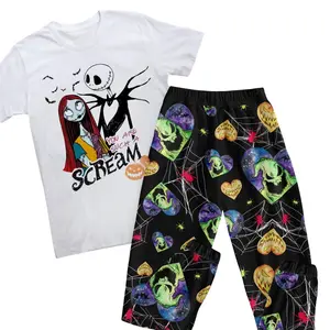 Jack Skellington And Sally Pajamas Set, Nightmare Characters Short Sleeve Pajamas Sets, Mother's Day Gift For All People, Gift For Everyone