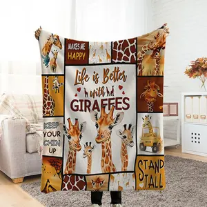 Cute Giraffe Pattern Flannel Blanket, Thick Fleece Blanket, Bedroom Throw, Couple's Blanket, Extra Large Leisure Blanket, Living Room Blanket