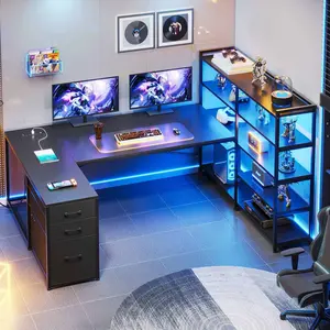 Sikaic 58 Inches L Shaped LED Gaming Desk Brown with 7 Tier Shelves, 1 Glass Cabinet & 3 Drawers, Reversible Design, RGB LED Light Strips, Modern Engineered Wood