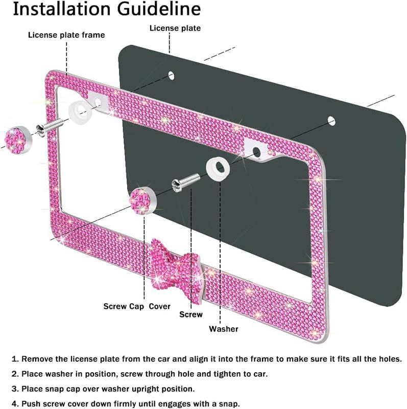 2 Pack Bling License Plate Frame，Handcrafted Bling Rhinestone Premium Stainless Steel License Plate Frame，14 Facets Clear Color Rhinestone Crystal (Pink&Pink-Bow)