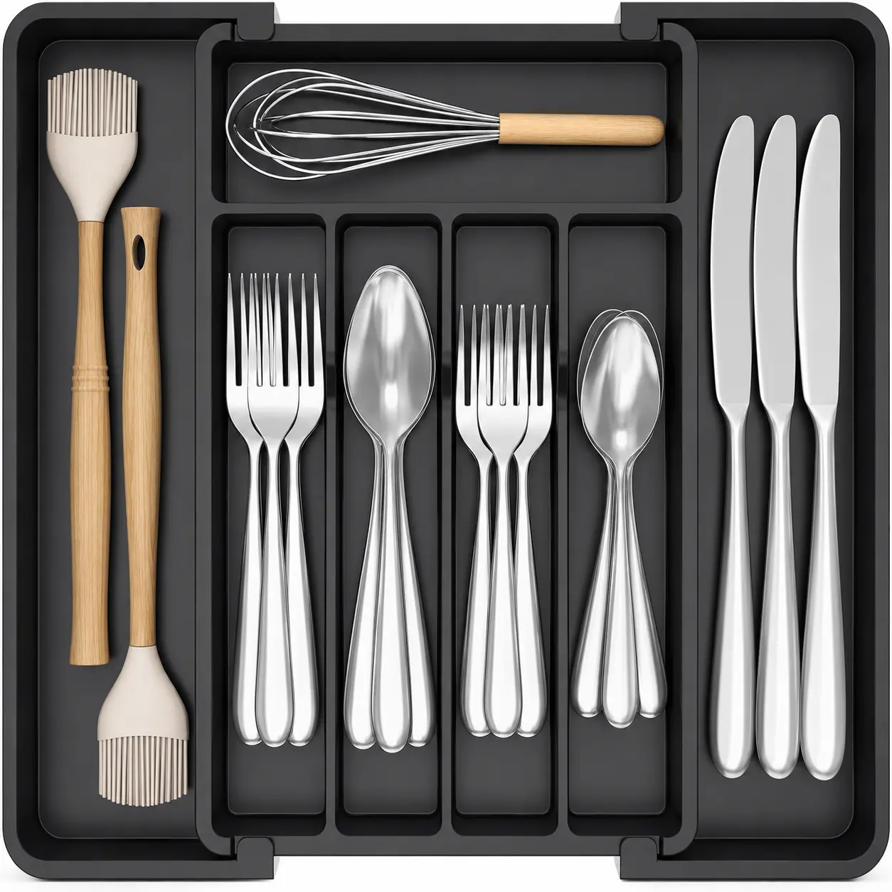 Expandable Silverware Organizer, Plastic Utensil Tray for Kitchen Drawer, BPA Free Flatware Cutlery Holder, Space-Saving Storage for Spoons Forks Knives, 8.5-14 x 12 x 1.5 inch, Black