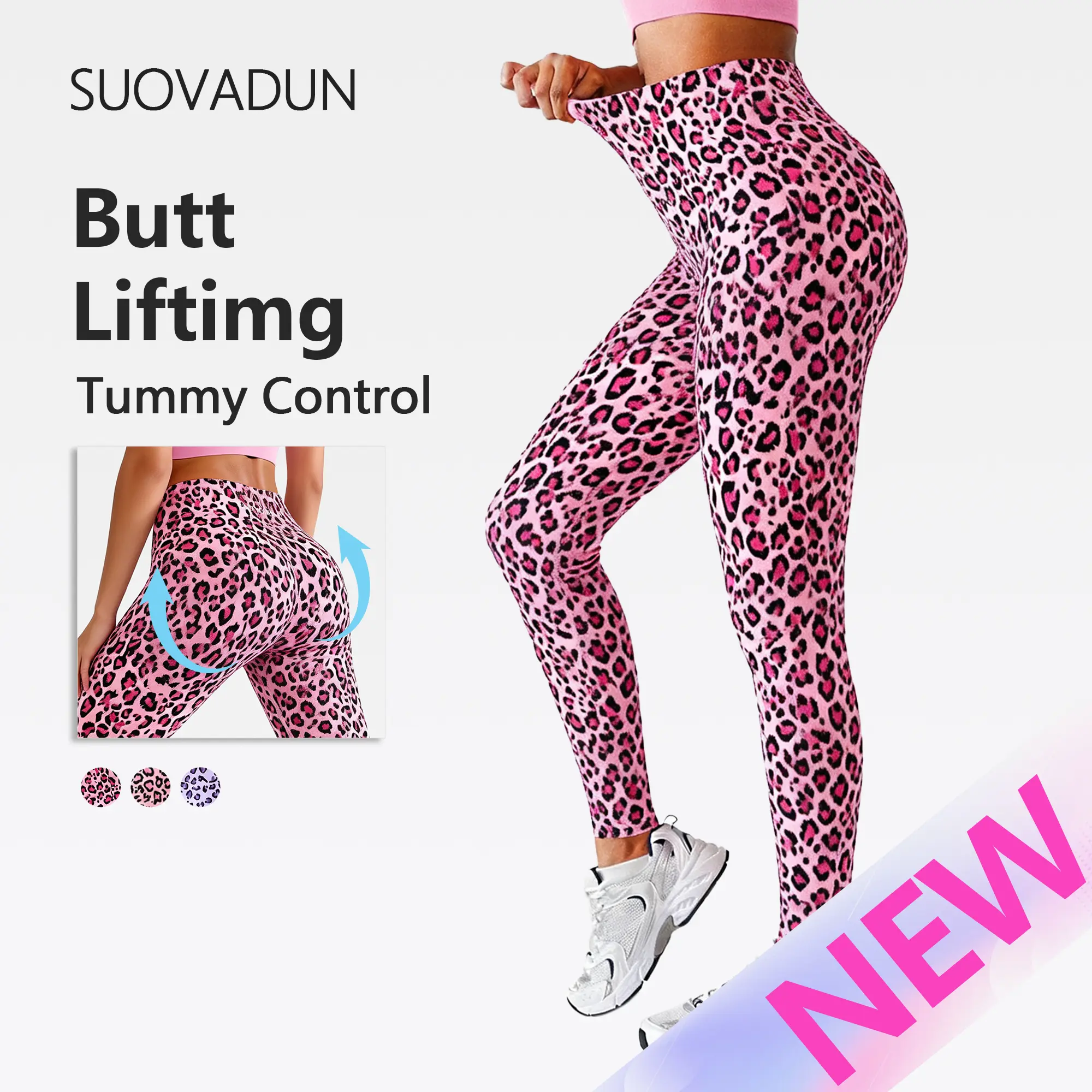 SUOVADUN High‑waist leopard print leggings with tummy control, seamless design for gym yoga daily casual looks XSL26029