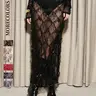 Women's Sexy Transparent Sheer Sequin Fringe Mesh Midi Dress, Party Festival Prom Gown, High Waist Fitted Plain Design, All Seasons