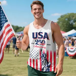 Men's USA 250th Anniversary Sleeveless Tank Top - Patriotic Statue of Liberty Print, 1776-2026 Slogan Vests, 4th of July Independence Day Loose-Fit Streetwear Gym Tops, Patriotic Slogan Vests