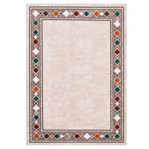 10x13 ft Beige Rectangular Modern Area Rug - Polyester Fiber, Geometric Edge, Low Pile, Machine Washable for Living Room, Bedroom