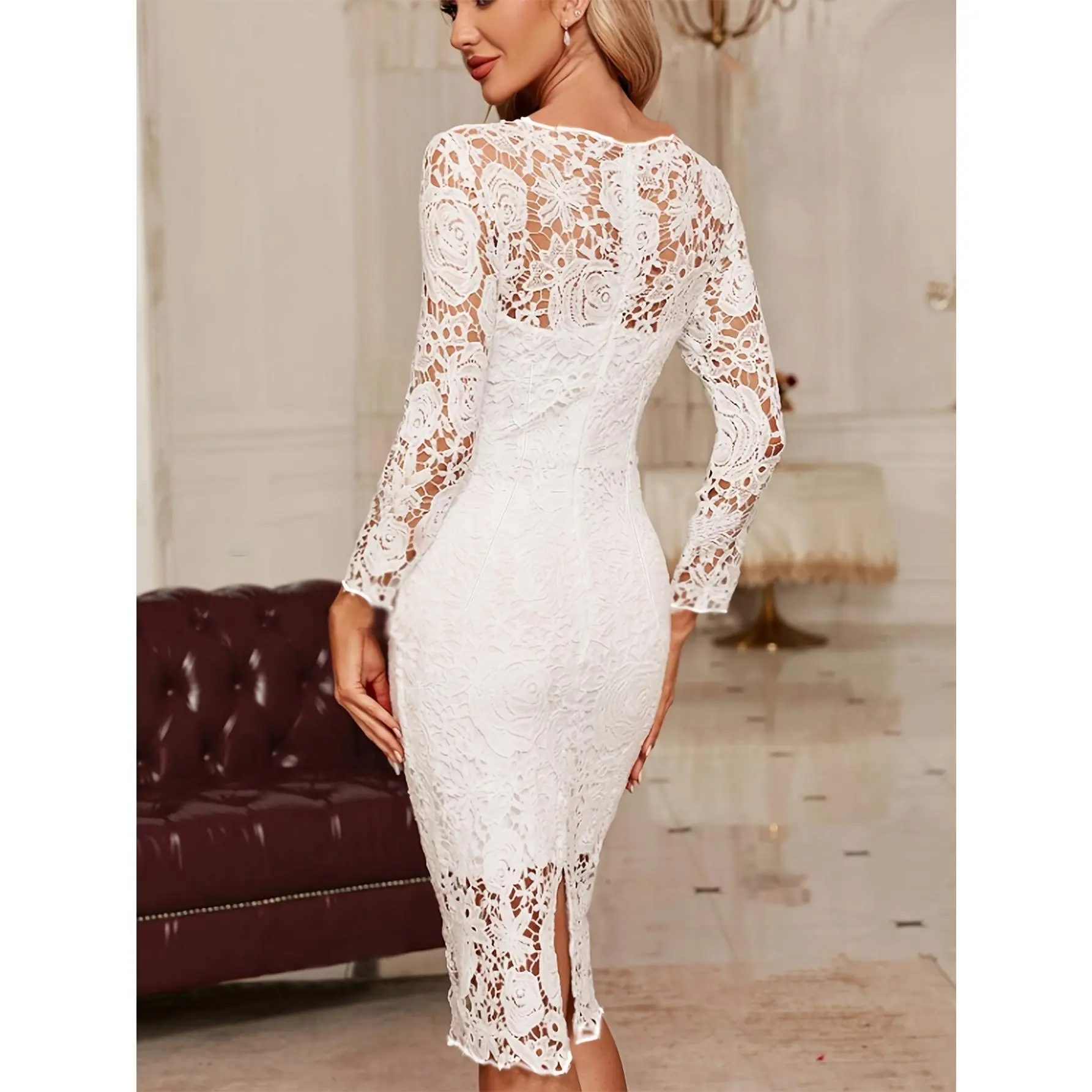 floral lace bodycon dress Sweetie White Mesh Long Sleeve Mini Dress main image 0