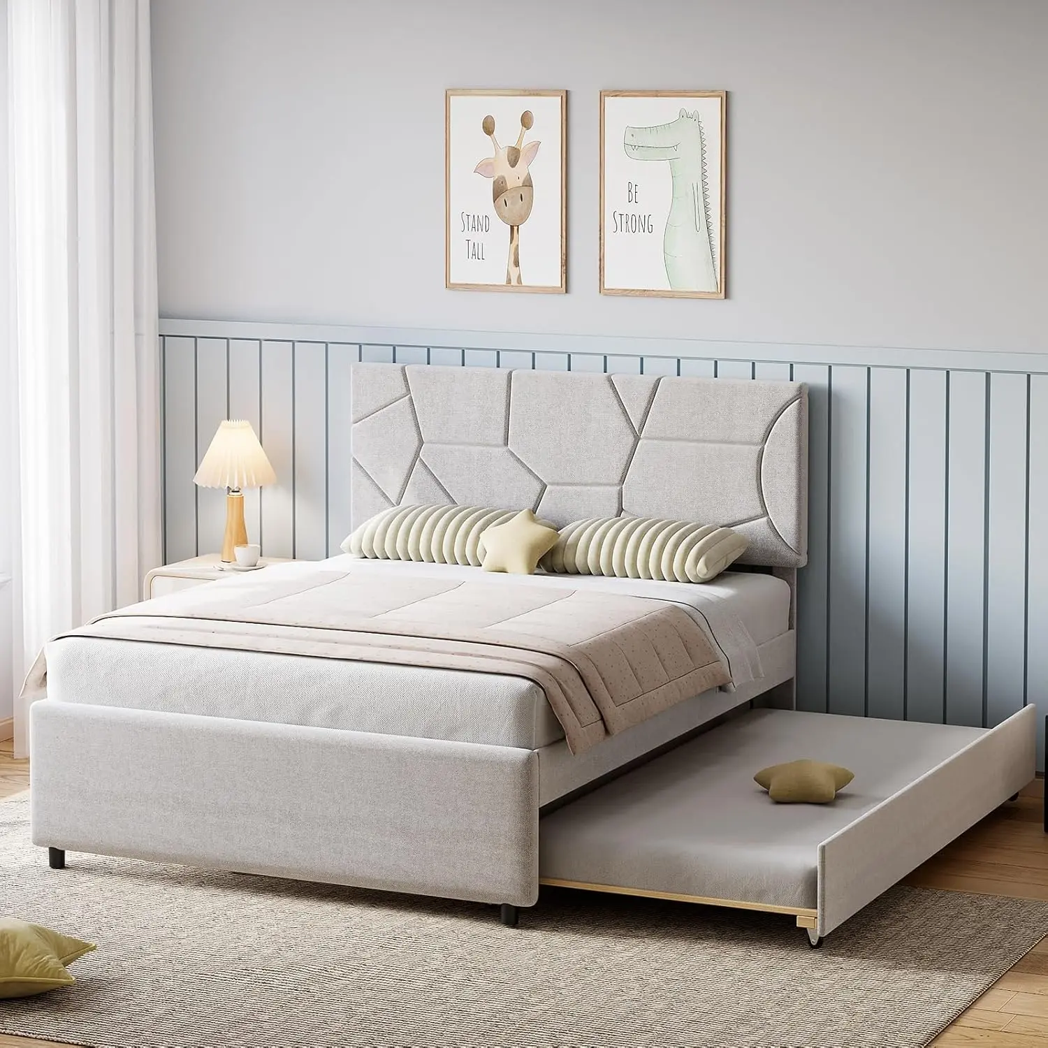 【Christmas Gift】Queen Size Upholstered Platform Bed with Twin Trundle Pull Out Bed Frame with Headboard Wood Slats for Guest and Kids Rooms