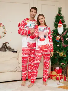 Christmas Couple Matching Homeewear Set, Loose Fit Long Sleeve Pants, Soft Breathable Fabric, Holiday Party Family Photo, Reindeer Print 2 Piece Set