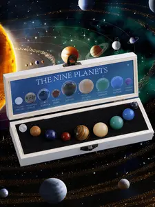 Solar System Crystal Collection, 9 Planets Natural Stone Set, Natural Crystal Sphere, Galaxy & Universe Themed Tabletop Decor, Mineral Specimen Gift Box for Science Enthusiasts, Gemstone Specimens