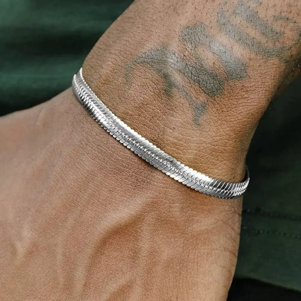 2-4mm Silver Color Stainless Steel Flat Chain Bracelet Simple Bracelet For Men Retro Jewelry Trendy Accessories Women Bracelet
