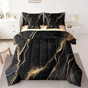 3-piece modern black gold-veined marble quilt set, Modern bedding set (1 quilt + 2 pillowcases), featuring U-shaped quilting, quilt contains 200gsm filling, suitable for all seasons, breathable, skin-friendly, soft, durable, machine-was