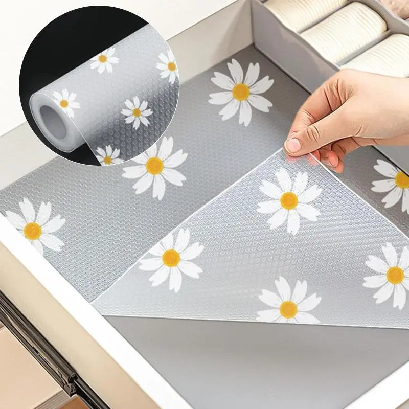 Floral Daisy Shelf Liner Waterproof Non Slip EVA Drawer Liner Decorative Cabinet Shelf Protector Easy Cut for Kitchen Cabinets Pantry Shelves Refrigerator and Closets