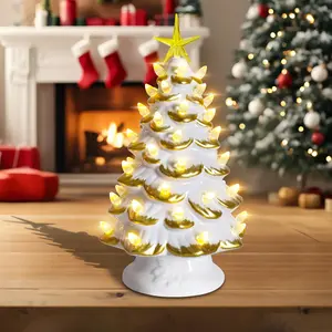 Christmas Tree Decor,Pre Lit Ceramic Christmas Tree with Warm Lights, Golden Accents & Star Topper,Tabletop Decor for Festive Home Ambiance,Holiday Display