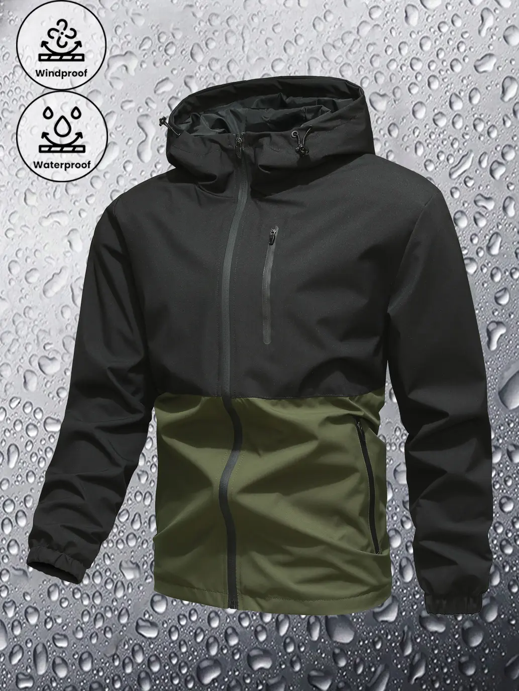 Men's Casual Patchwork Stripe Waterproof Hooded Athletic Jacket with Zip Pockets for Outdoor Activewear