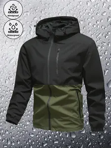 Men's Plain Waterproof Windproof Drawstring Zip Up Hooded Jacket, Casual Long Sleeve Zipper Pocket Design Outerwear for Outdoor Activities, Men's Clothes for All Seasons, Menswear m 65 jacket Stripe Print Baseball BomberCoats Athletic Patchwork Activewear