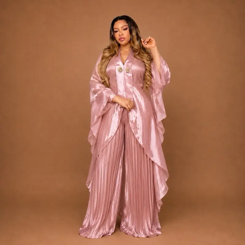 Women's Blush Majesty Boubou 2-Piece Casual Pleated African Kaftan Dress Set - Elegant, Breathable Summer Maxi, Decent Womenswear
