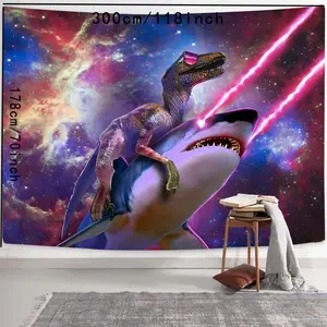 Space Raptor Shark Pattern Starry Sky Pattern Tapestry, Aesthetic Wall Hanging Decor, Polyester Tapestry for Bedroom Home Office Decor, with Free Installation Package