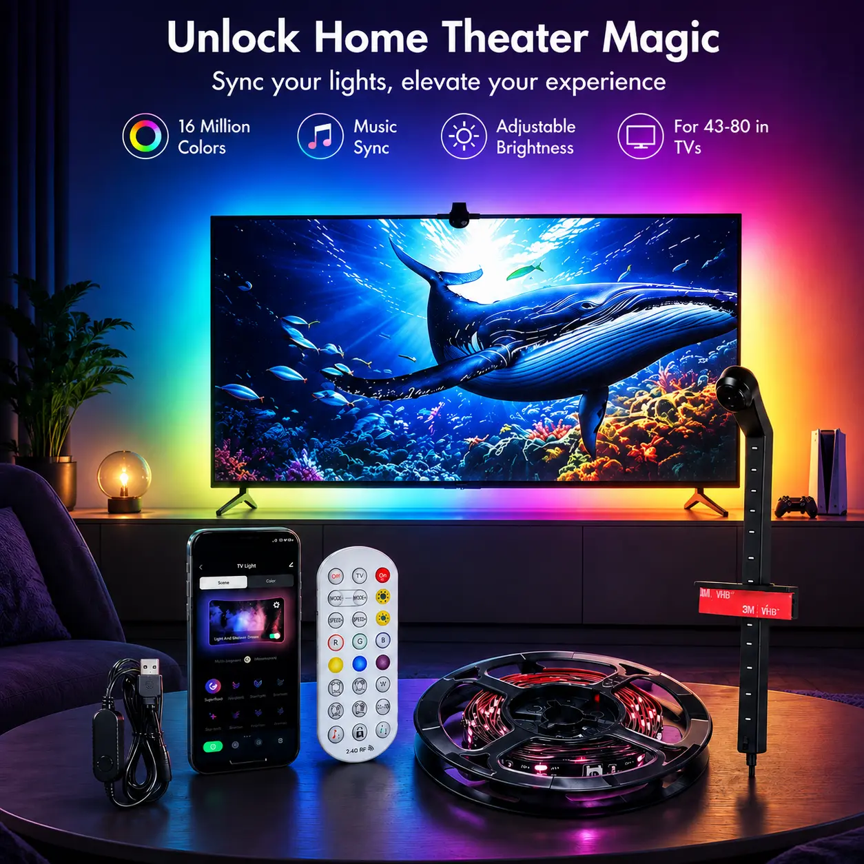 RGB LED TV Backlight with Camera, Smart Color Changing LED Strip Lights for TV and Monitor, App Control, Music Sync, Screen Color Sync, Cuttable Flexible Lighting, Gaming Setup, Home Theater, Bedroom, Living Room, Ambient Mood Lighting Decor