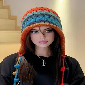 Women's Colorblock Tassel Ball Crochet Beanie Hat Boho Style Knitted Hat for Fall & Winter Fashion Accessories for Women & Girls with Warm Ear Coverage and Loose-Fitting Comfort