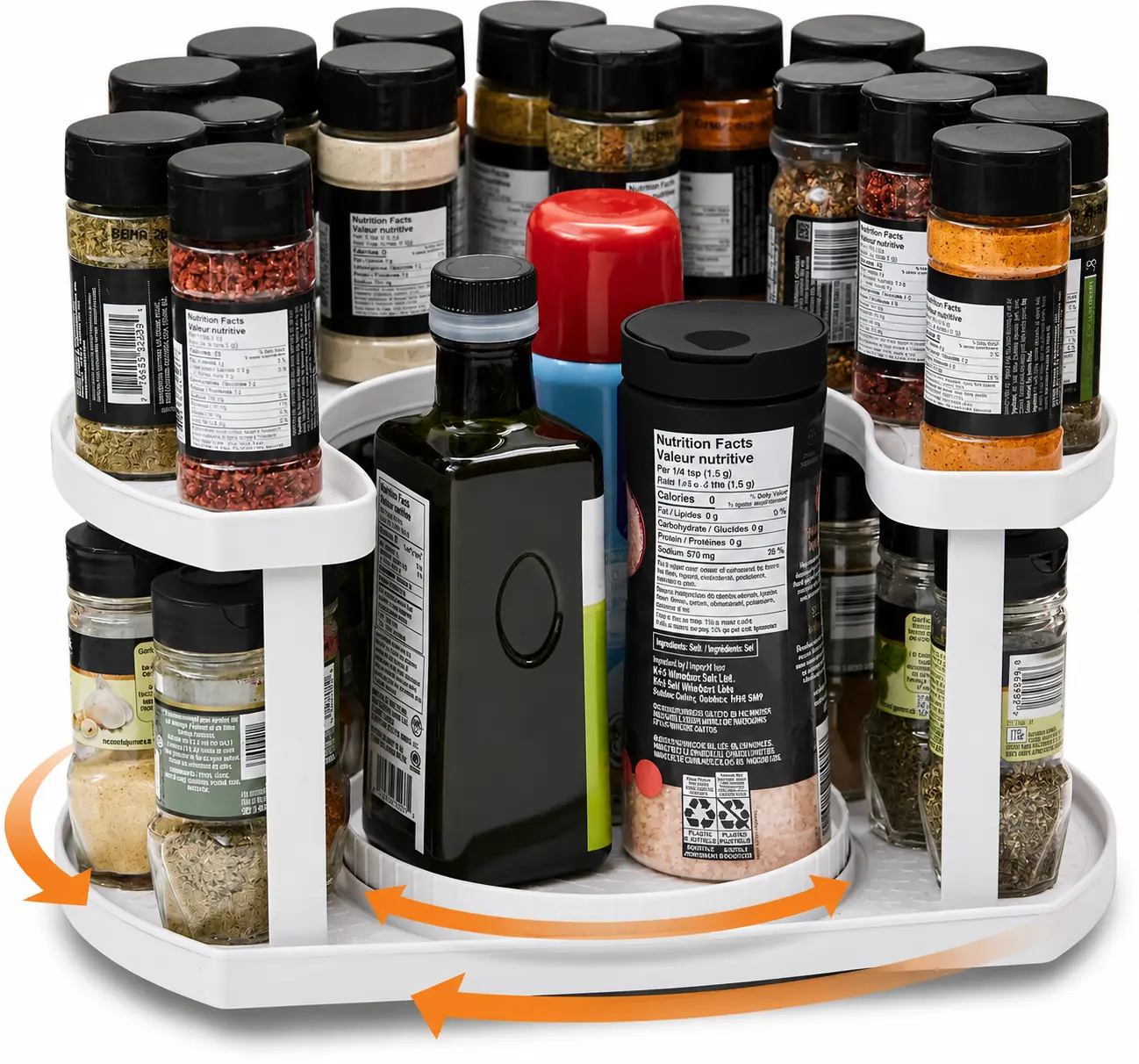 Stow-n-Spin 2-Tier Smooth Rotating Lazy Susan Spice Rack Organizer - Adjustable Height Tray, Collapsible Home Goods Storage Organization for Cabinet, Tabletop (Holds 40 Jars, Gray) with Canister Compatibility