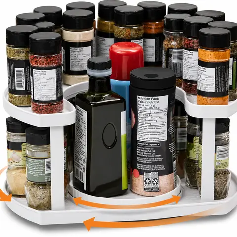 Stow-n-Spin 2-Tier D-Shaped Plastic Kitchen Lazy Susan Spice Rack Shelf - Smooth Easy-Rotating, Adjustable Height Tray, Collapsible Canister-Compatible Storage Organization Gadget (Holds 40 Jars, Gray) for Cabinet, Tabletop Display Container
