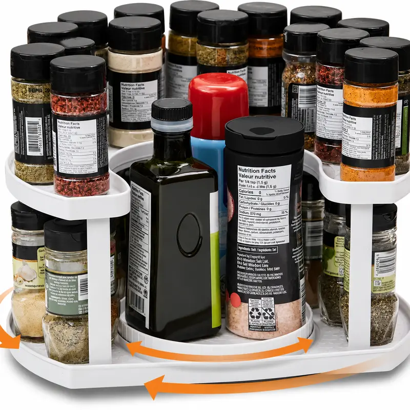 Stow-n-Spin 2-Tier D-Shaped Plastic Kitchen Lazy Susan Spice Rack Shelf - Smooth Easy-Rotating, Adjustable Height Tray, Collapsible Canister-Compatible Storage Organization Gadget (Holds 40 Jars, Gray) for Cabinet, Tabletop Display Container