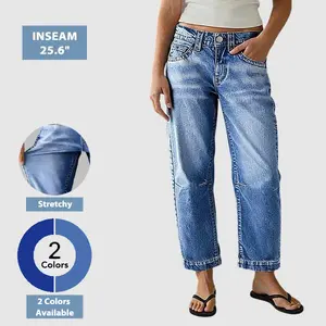 Flamingals Seaming Detail Mid Waist Straight Leg Crop Jeans Stretchy 25.6 Inseam Casual Fit