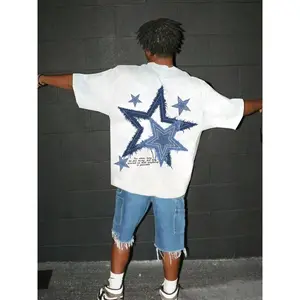 Men's Fall & Winter Street Style Denim Short Sleeve T-Shirt, Casual Fitted Design with Star Patchwork Print, Fashion Streetwear