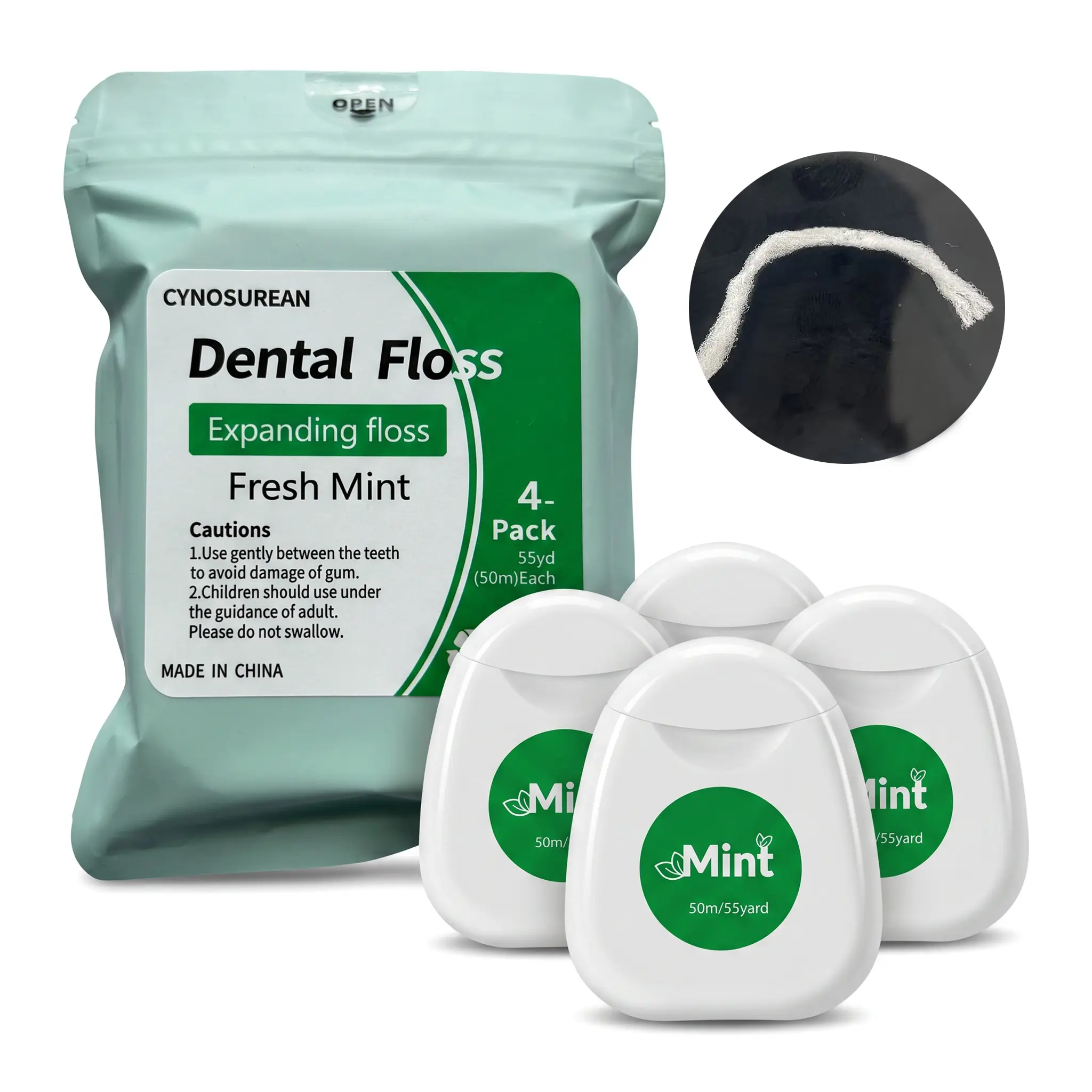 Expanding Tooth Floss for Sensitive Gums - Waxed Dental Floss with Natural Beeswax Coating for Smooth Glide, Fresh Mint & Xylitol, 4-Pack (55 yd Each) Daily Gentle Deep Clean Oral Care Tool,sohochic