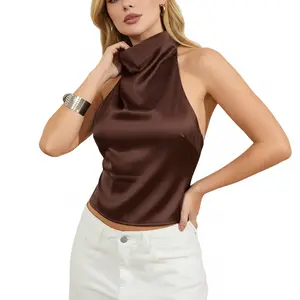 Luxury Satin Halter Top for Women - Backless SleevelessFit Solid Color Summer Blouse Fitted Chic