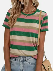 Women's Summer New Knit Fashion Casual Everyday Wide Striped Print Short Sleeve T-Shirt, Leisure Vacation Outing Commute T-Shirt Summer Wear