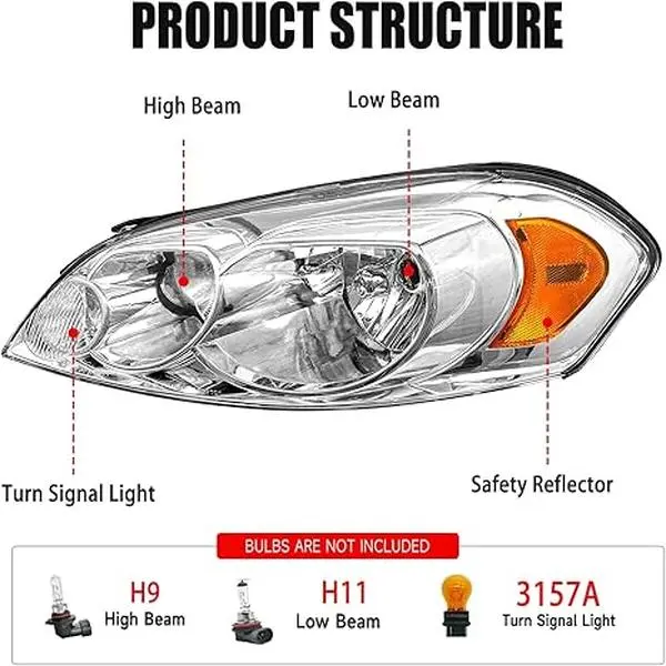Headlight Assembly Compatible with 2006-2013 Chevy Impala, 2014-2016 Impala Limited, 2006-2007 Monte Carlo, Clear Lens Chrome Housing with Amber Reflector, Replacement Headlamp, Driver & Passenger Side Complete Pair